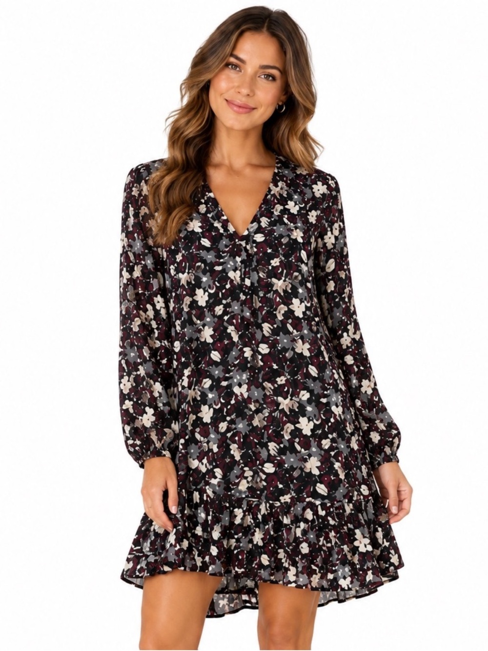 Veronica Beard Size 6 Floral Long Sleeve Ruffle Hem Mini Dress V Neck Designer